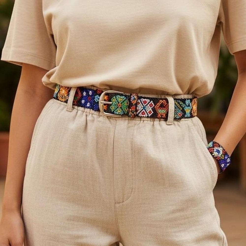 Folk Art Geometric Beaded Belt Colorful Animal Motif Whimsigoth